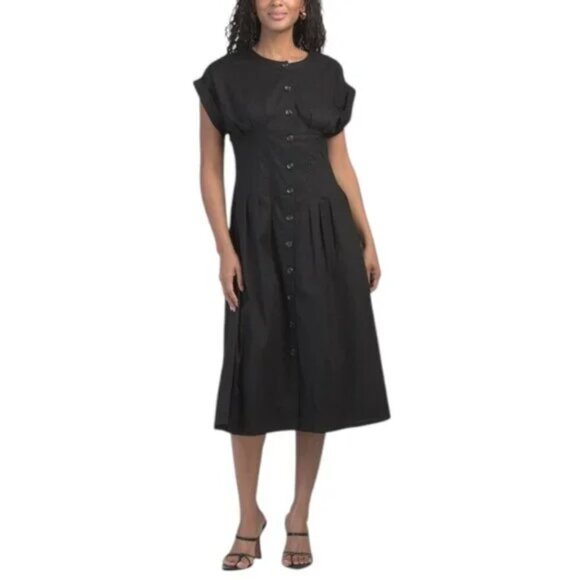 NWT Calvin Klein Rolled Sleeve, Button-Front Cinched Waist Midi Dress - Picture 1 of 10